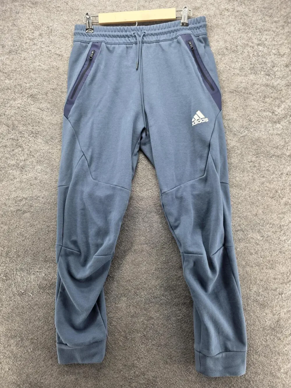 Adidas Pants Mens M Blue Jogger French Terry Elastic Waist Pockets Zip Pocket
